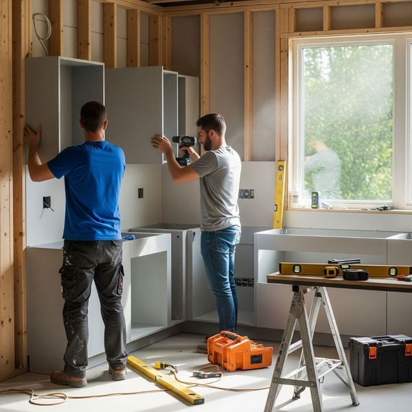Two workers carefully install a new cabinet box in a modern kitchen under construction.