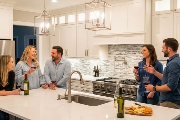 A group of people enjoying wine and conversation in a sleek, newly remodeled kitchen with white shaker cabinets and a large central island. A group of people enjoying wine and conversation in a sleek, newly remodeled kitchen with white shaker cabinets and a large central island.