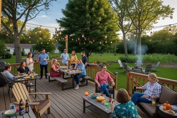 A photo-realistic image of a diverse group of people enjoying drinks and conversation on a spacious wooden deck in a lush Wisconsin backyard at sunset. A photo-realistic image of a diverse group of people enjoying drinks and conversation on a spacious wooden deck in a lush Wisconsin backyard at sunset.