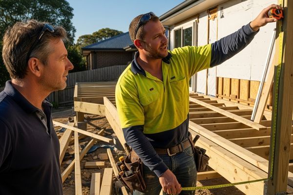 A contractor in a high-visibility shirt is showing a client the wooden structure of a new deck. A contractor in a high-visibility shirt is showing a client the wooden structure of a new deck.