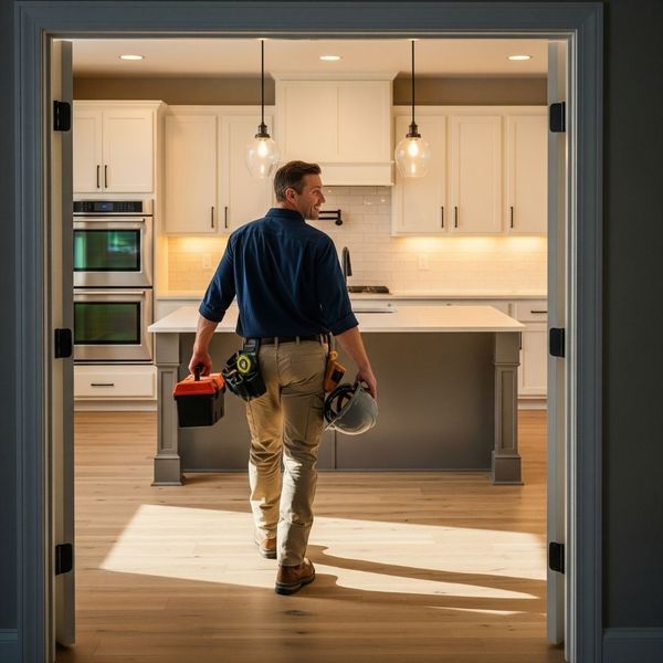 A photo-realistic image of a contractor, smiling with satisfaction, walking away from a newly completed kitchen remodel.