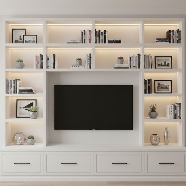 Wall shelves surrounding a mounted TV