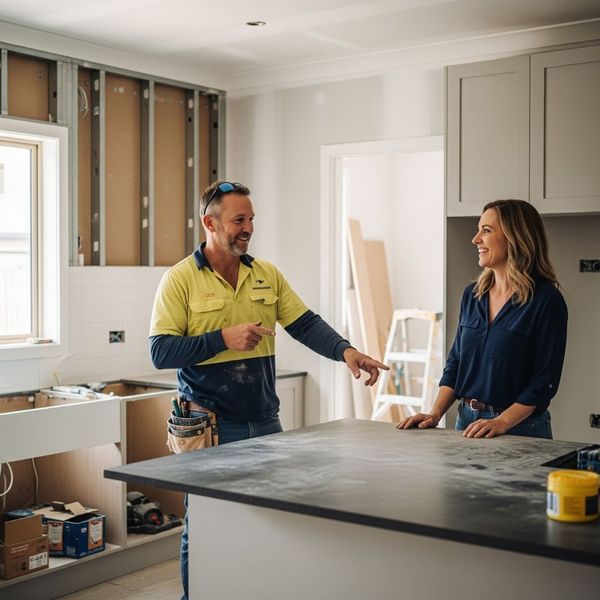 A contractor in a high-visibility shirt shows a woman the progress of her kitchen remodel.