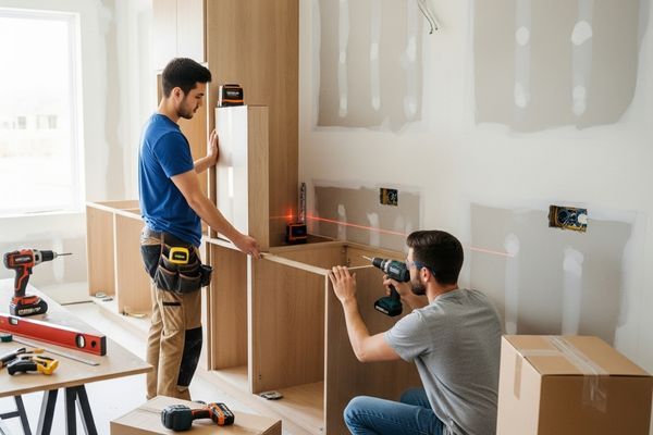Two workers use a drill and a level to install new cabinet boxes in a kitchen under construction.