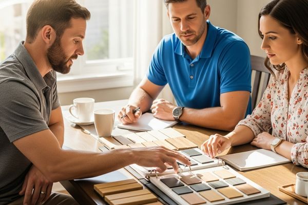 A contractor in a t-shirt and khaki pants is sitting at a dining room table, showing a husband and wife samples of deck materials and colors. A contractor in a t-shirt and khaki pants is sitting at a dining room table, showing a husband and wife samples of deck materials and colors.