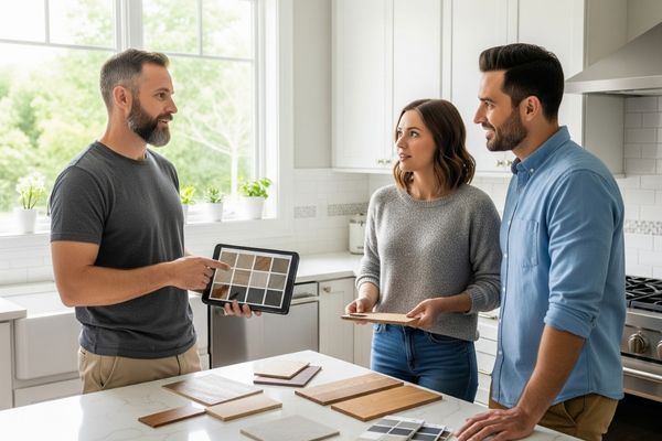 A contractor discusses different finishes and material samples on a tablet with a husband and wife in a kitchen. A contractor discusses different finishes and material samples on a tablet with a husband and wife in a kitchen.
