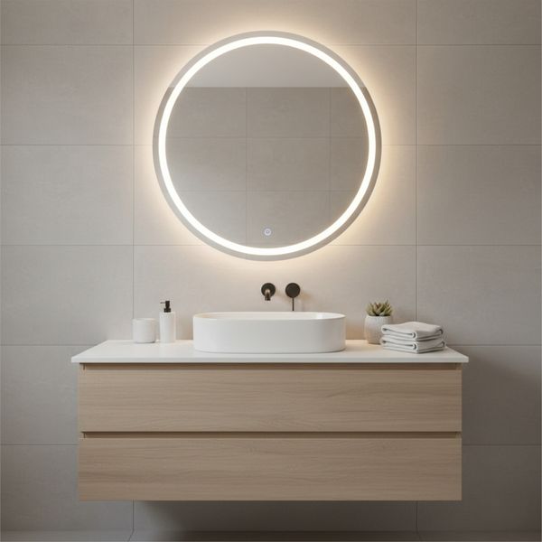 Bathroom vanity with a circular mirror