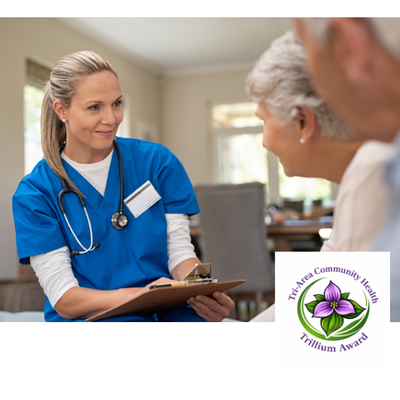 Nurse and Patient with Trillium Award Logo