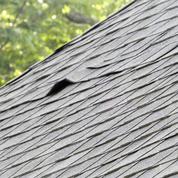 Peeling shingles on a roof