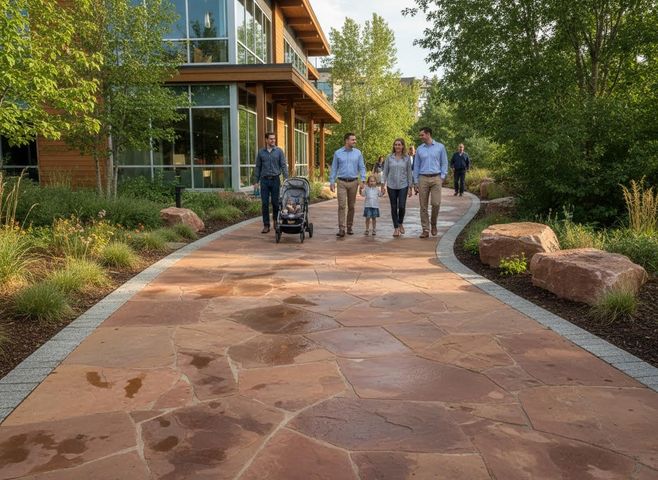 Group Walking on a Landscaped Campus Path