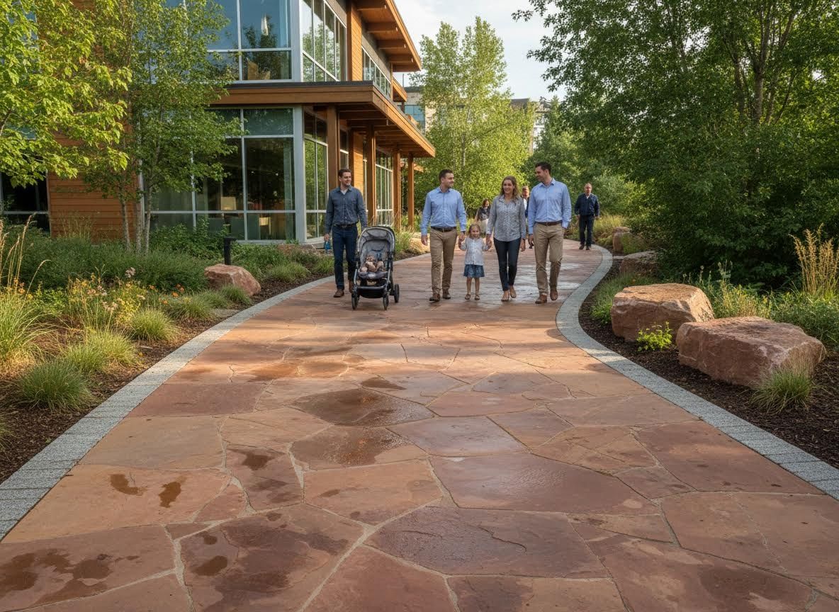 Group Walking on a Landscaped Campus Path