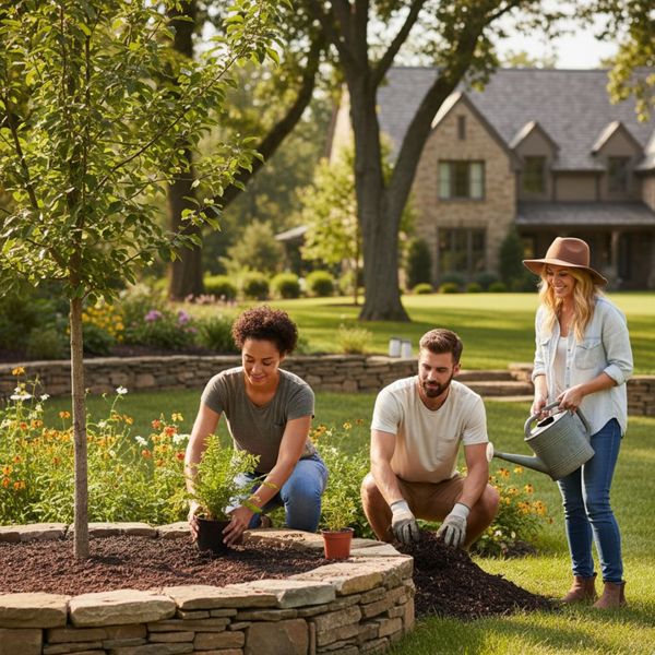 A group of friends works together in a garden, planting and watering plants around a stone-edged tree.