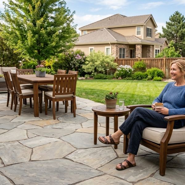 a person sitting in a chair on a finished flagstone patio