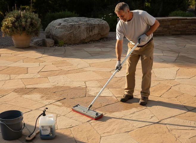 Man cleaning outdoor stone patio