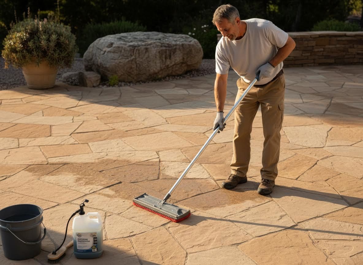 Man cleaning outdoor stone patio