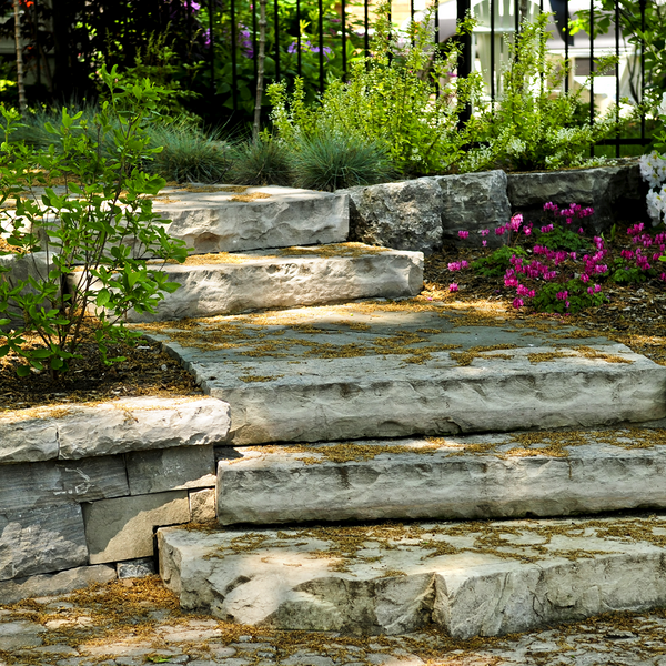 Landscaped front yard with natural stone steps and walkway