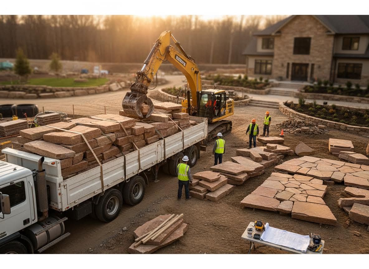 Excavator Unloading Stone Slabs at Residential Construction Site