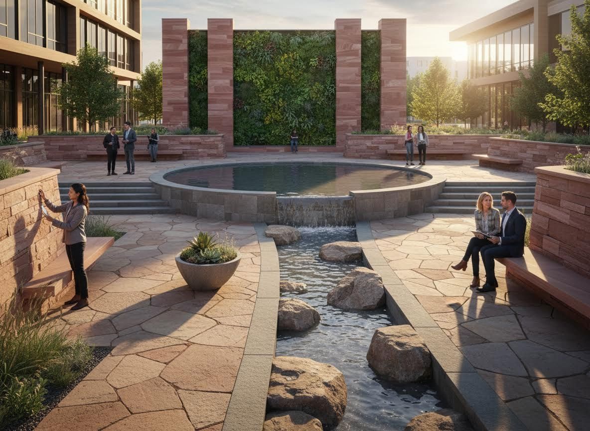 Modern Urban Plaza with Living Wall and Water Feature