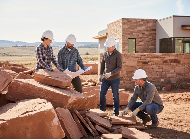 Construction workers reviewing blueprints at a building site with stone materials