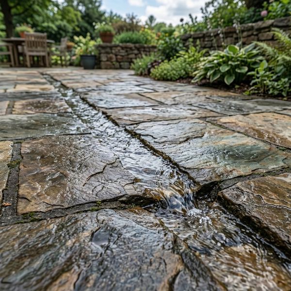 water flowing down a slight grade on a stone patio surface