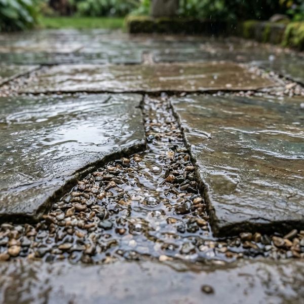 rainwater seeping into gravel joints between large, wet flagstone pavers