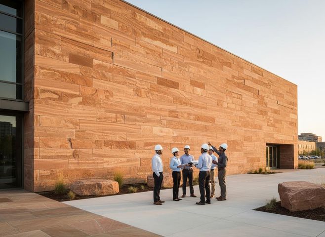Six architects or engineers in hard hats discuss plans beside a large modern building with a warm, textured sandstone facade and landscape. Construction Professionals Meeting Outside Modern Building