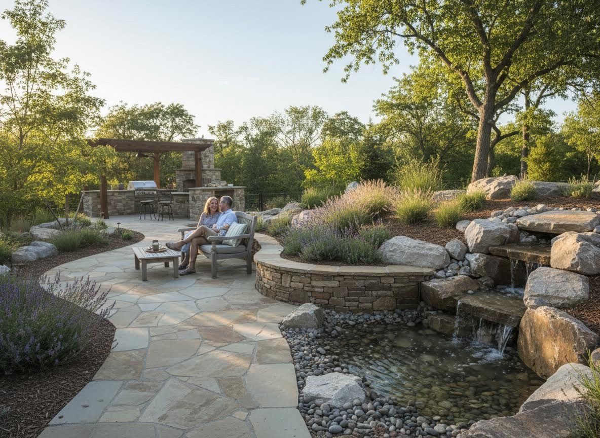Couple Enjoying a Flagstone Patio with Outdoor Kitchen and Waterfall