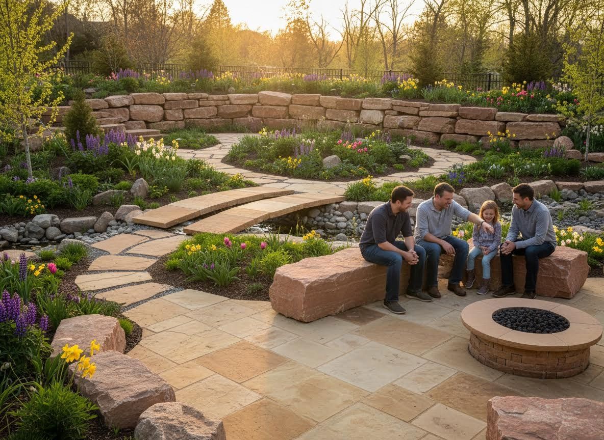 People relaxing on a stone patio in a vibrant landscaped garden
