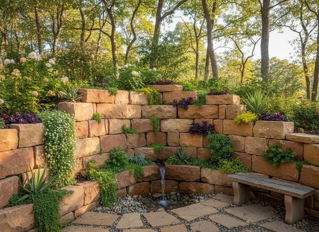 A beautiful, terraced garden featuring stacked stone walls, lush greenery, blooming plants, a small waterfall, and a rustic wooden bench. Terraced Stone Garden with Waterfall and Bench