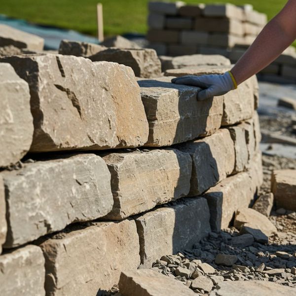 A gloved hand places a large, rugged stone onto a growing wall.