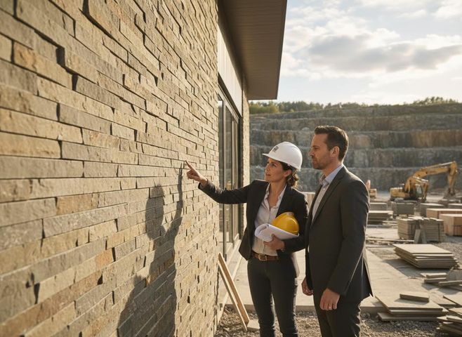 Construction professionals inspecting stone wall