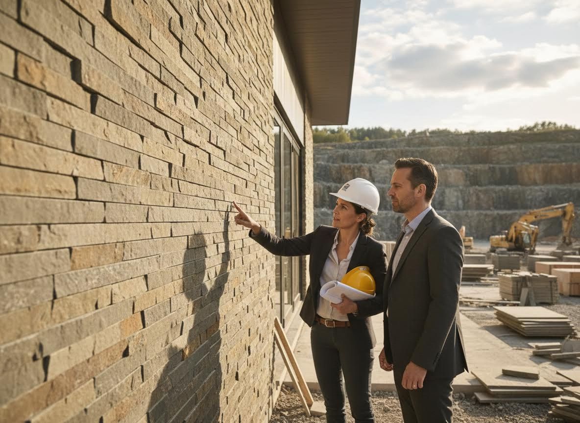Construction professionals inspecting stone wall