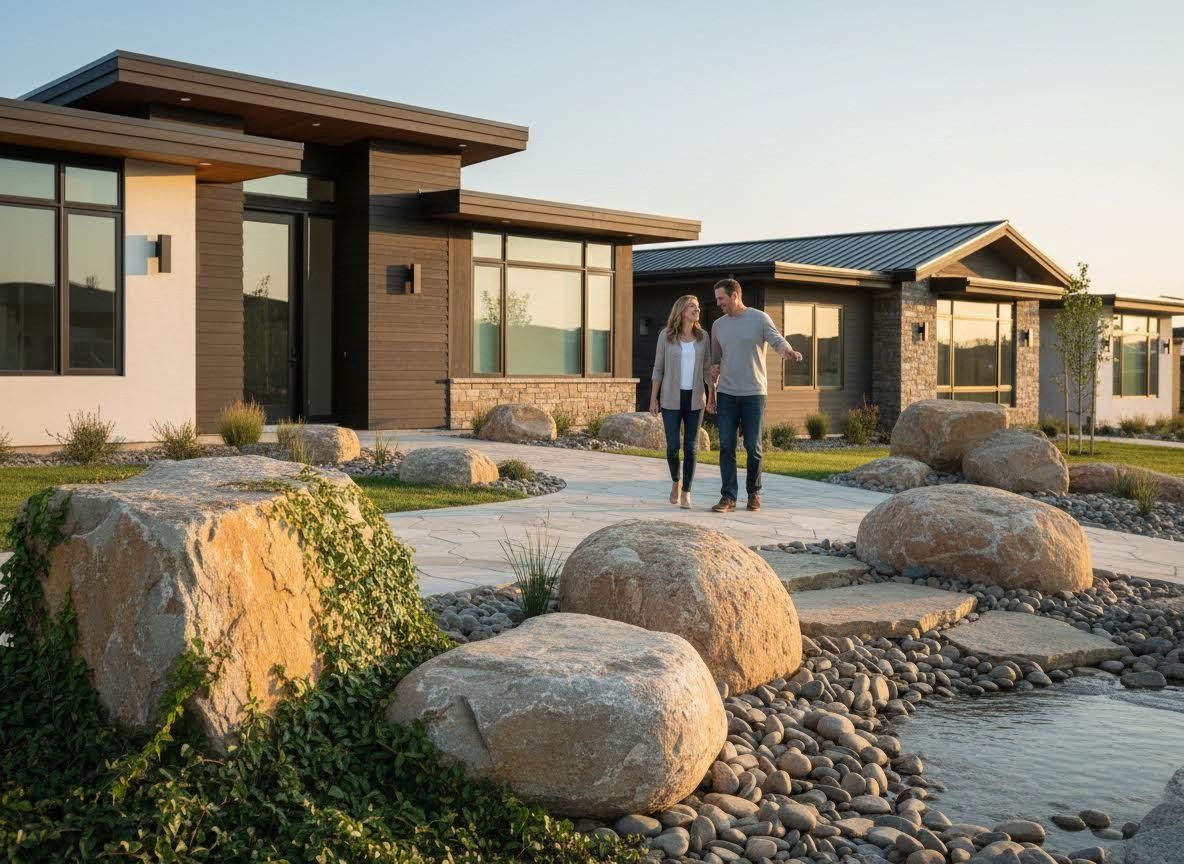 Couple on path in modern home landscape
