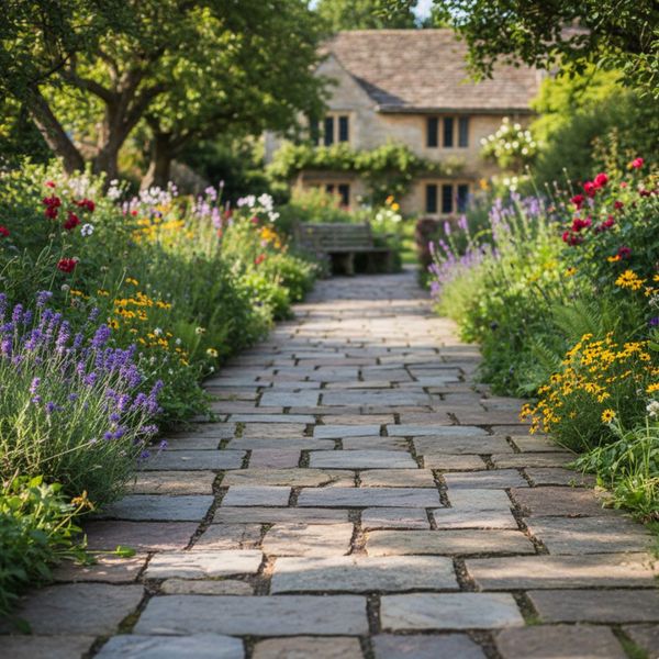 A charming stone path winds through a colorful, well-tended garden leading to a distant house.
