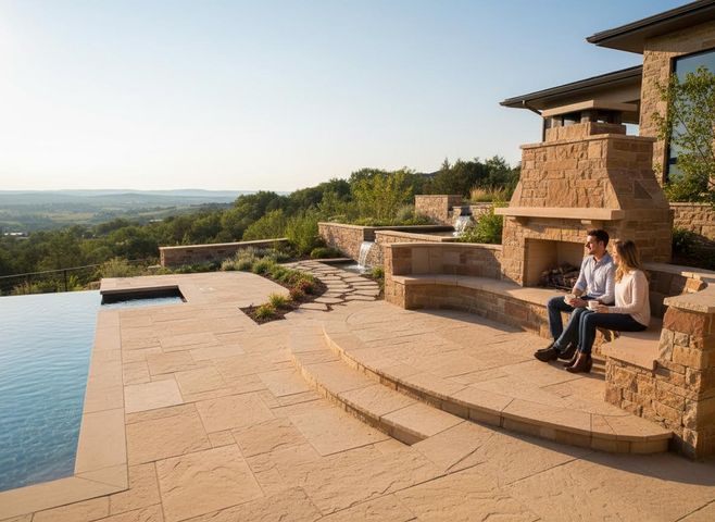 A couple sips coffee by an outdoor stone fireplace and infinity pool, overlooking a scenic landscape with waterfalls and lush greenery. Couple relaxing on a luxurious outdoor patio with fireplace and infinity pool