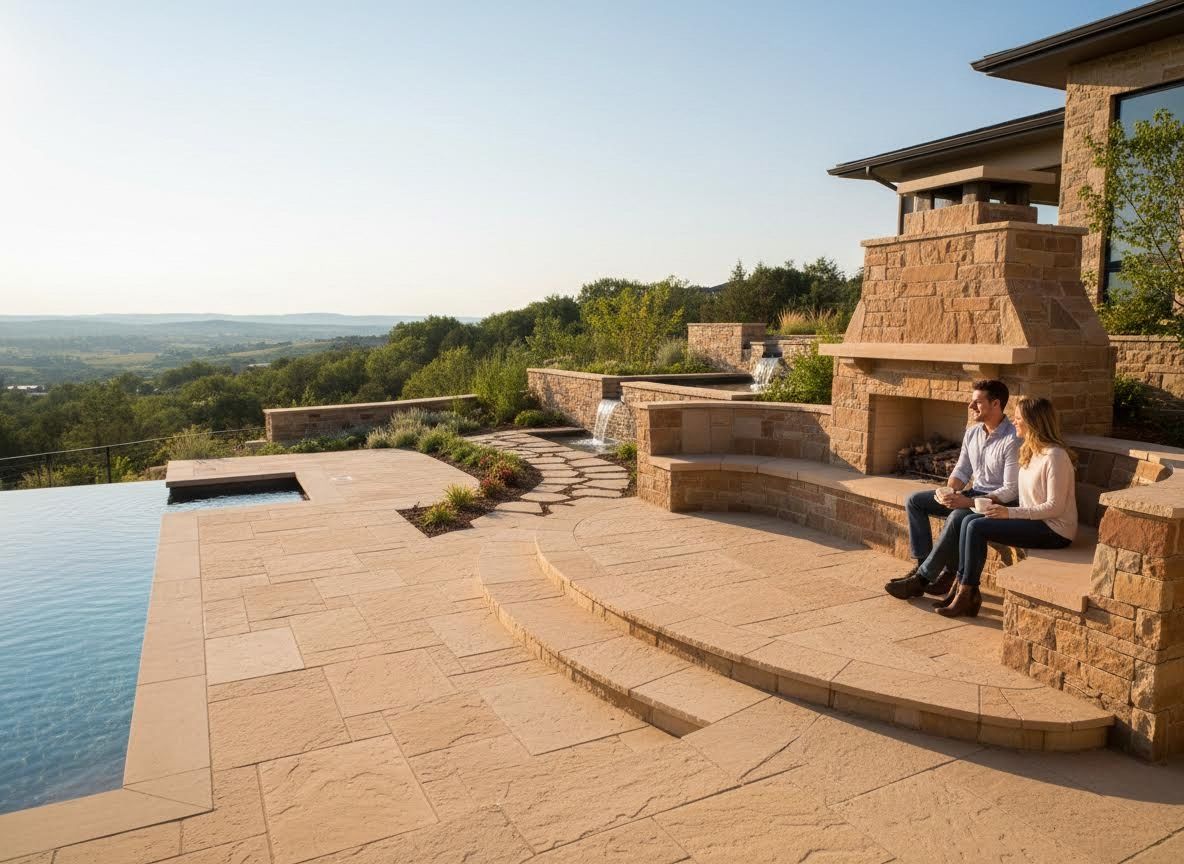 Couple relaxing on a luxurious outdoor patio with fireplace and infinity pool