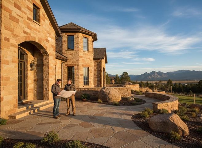 Two men reviewing blueprints at a luxury stone home with mountain views