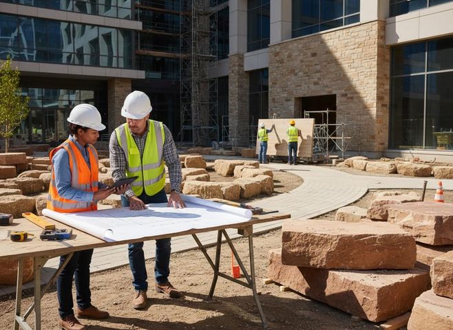 Construction Workers Reviewing Blueprints at Job Site