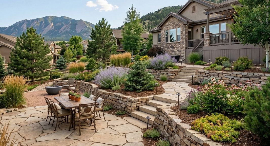 a terraced backyard with a wide flagstone patio and landscaping