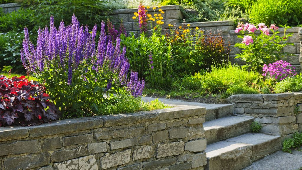 Beautiful landscape with a retaining wall. 