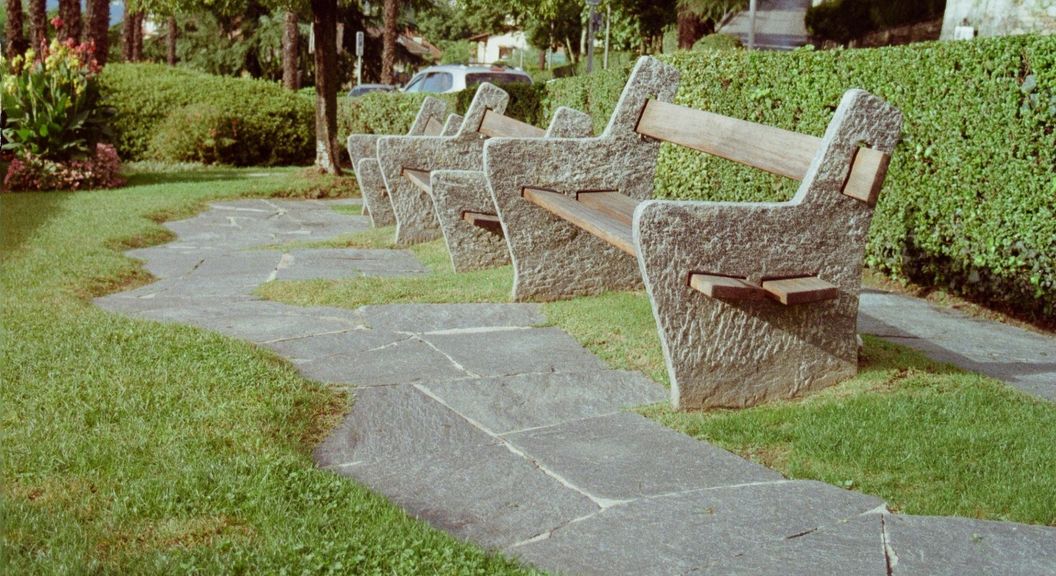 flagstone path near benches