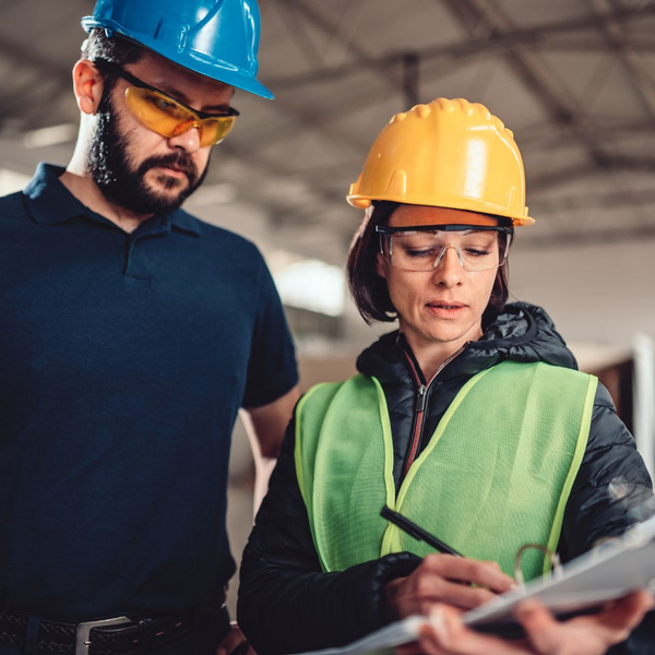 Man and woman look at binder in workplace with hard hats on