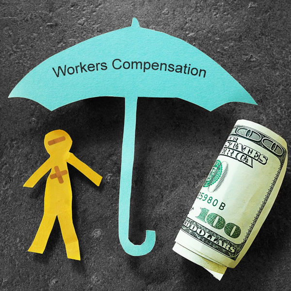 Worker's comp umbrella with a stick figure person on left and rolled up $100 bill on right