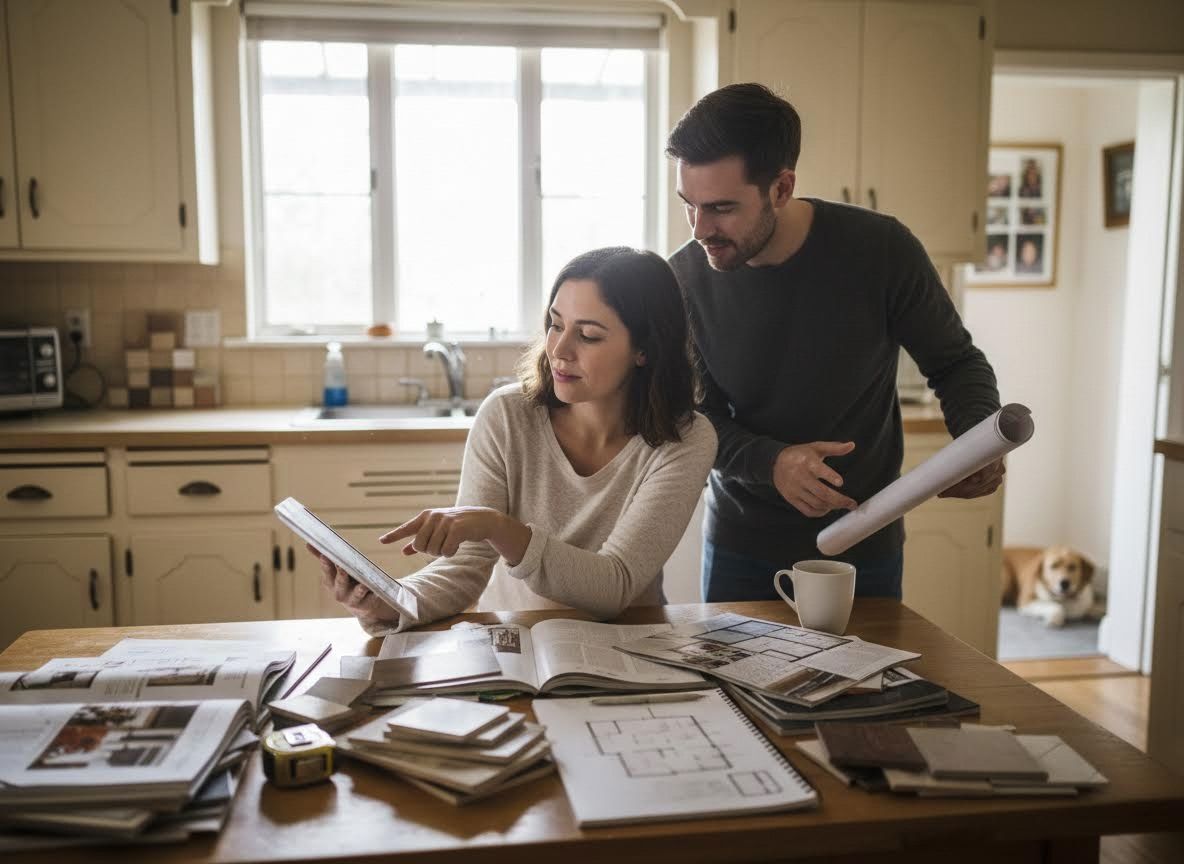 Couple planning home design in kitchen