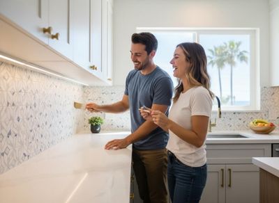 Couple Painting Kitchen Backsplash