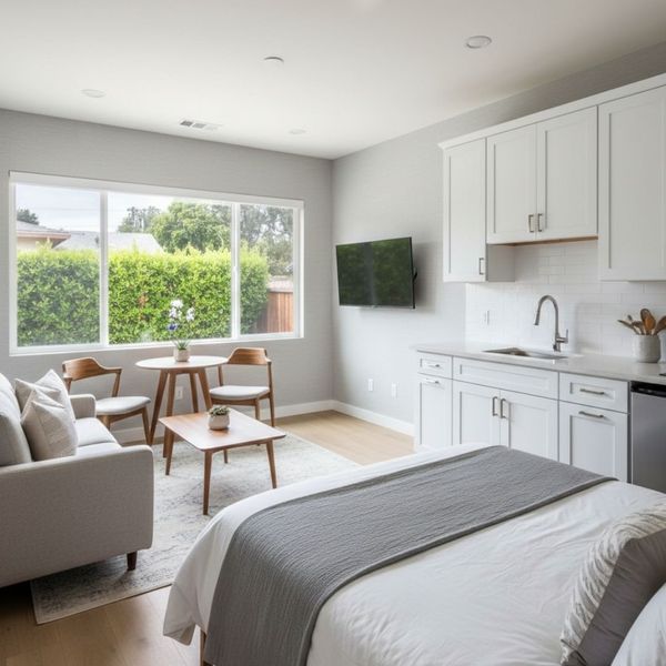 Modern interior of a studio ADU designed for rental income.