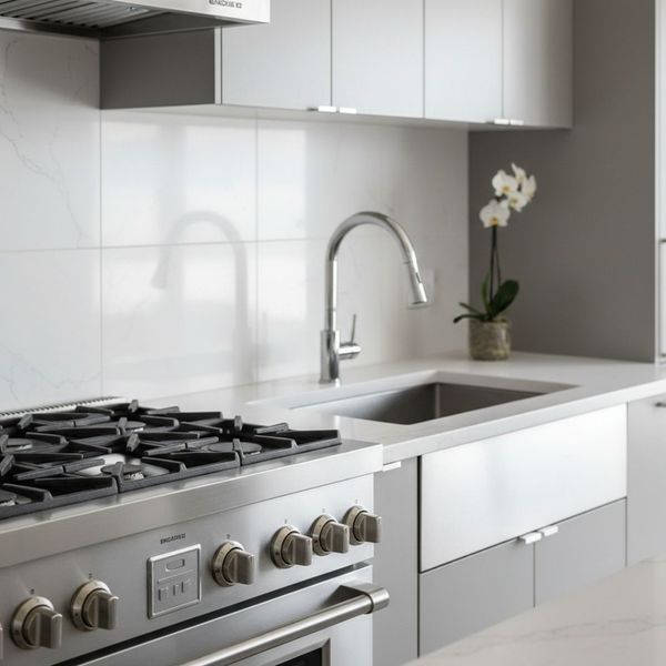 An efficient kitchen layout showing the sink and stove area in a modern San Diego home.