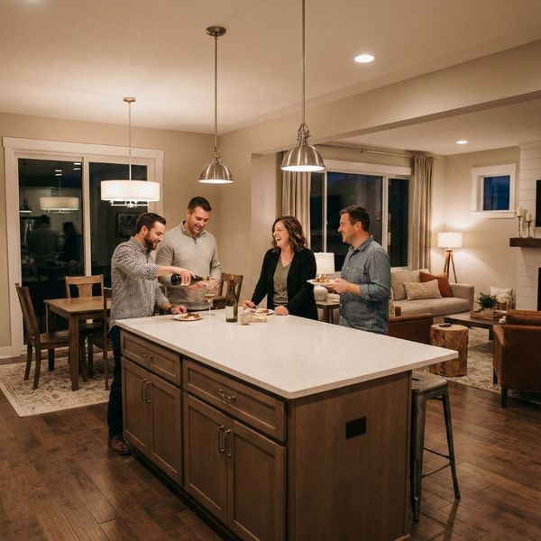 Friends socializing around a kitchen island in the evening.