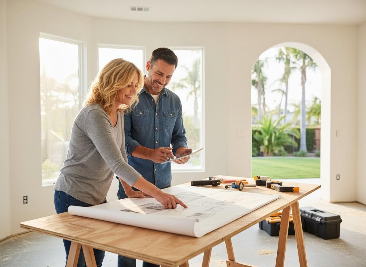 Happy couple reviewing blueprints for home renovation