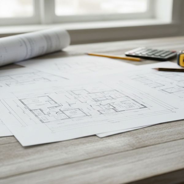 Professional ADU plans and blueprints on a wooden table.